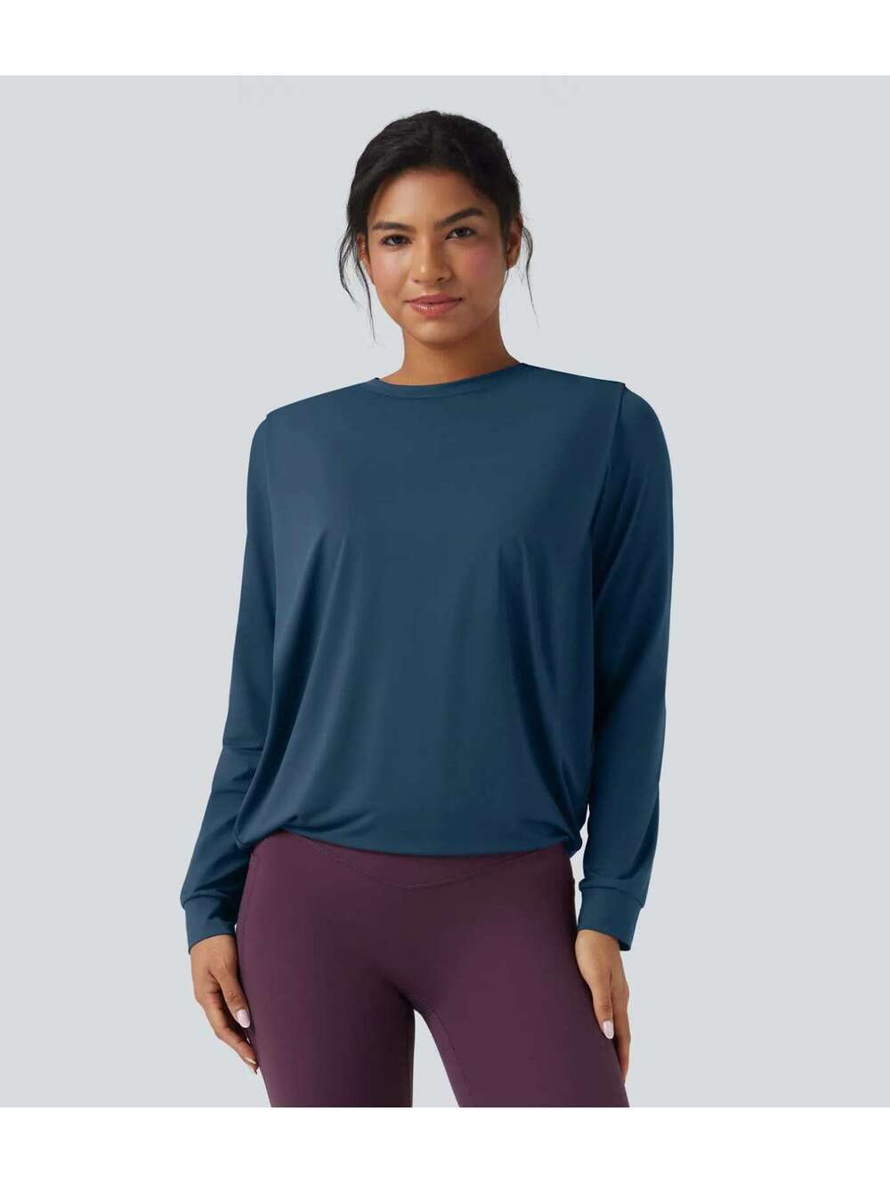 Halara Round Neck Long Sleeve Ruched Sports Top-UPF50+ Majolica Blue Size Small